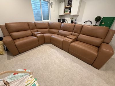 Large Brown Leather Sectional Sofa with Recliners, Storage, and Cup Holders - Corner Piece