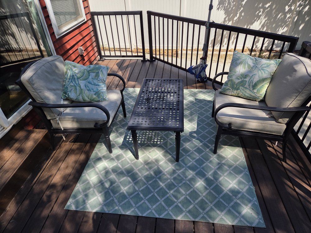 Outdoor Patio Furniture Set - Dark Metal Frames with Cushions and Coffee Table