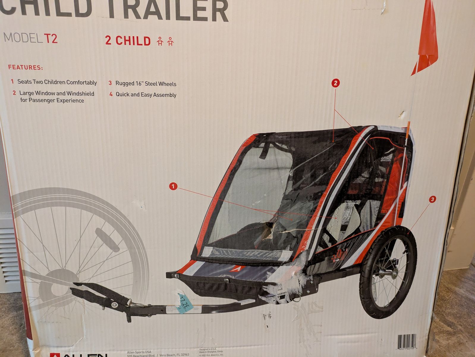 Allen Sports Model T2 2-Child Bicycle Trailer - Red/Black