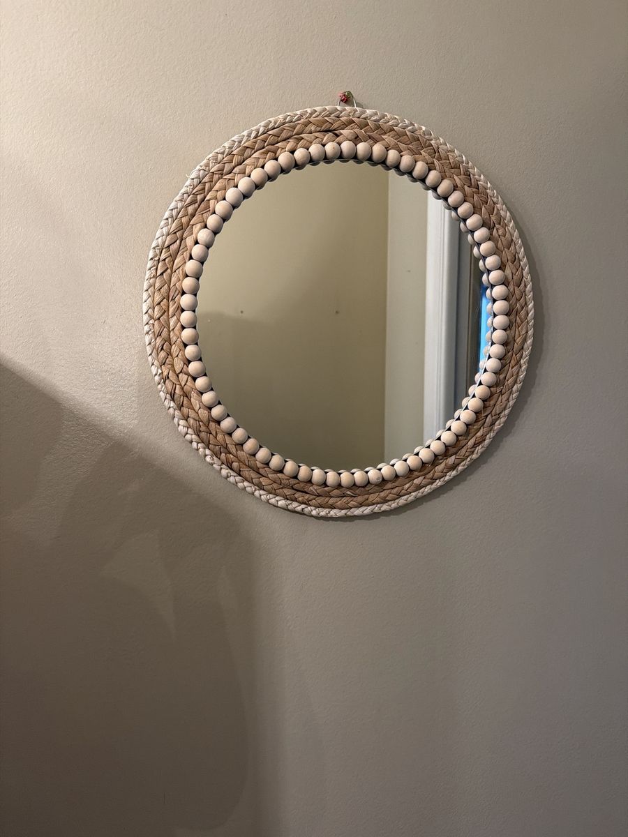 Boho Wicker Round Wall Mirror - 15" Diameter, Beaded Trim, Natural Finish