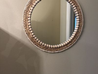 Boho Wicker Round Wall Mirror - 15" Diameter, Beaded Trim, Natural Finish
