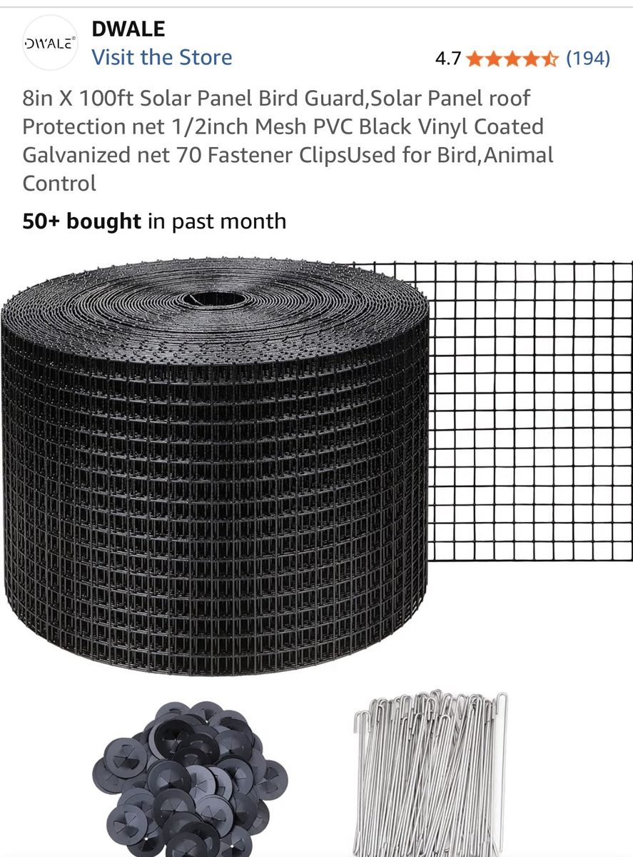 DWALE Solar Panel Bird Guard Wire Mesh Roll - 8 in x 100 ft, 1/2 in Mesh