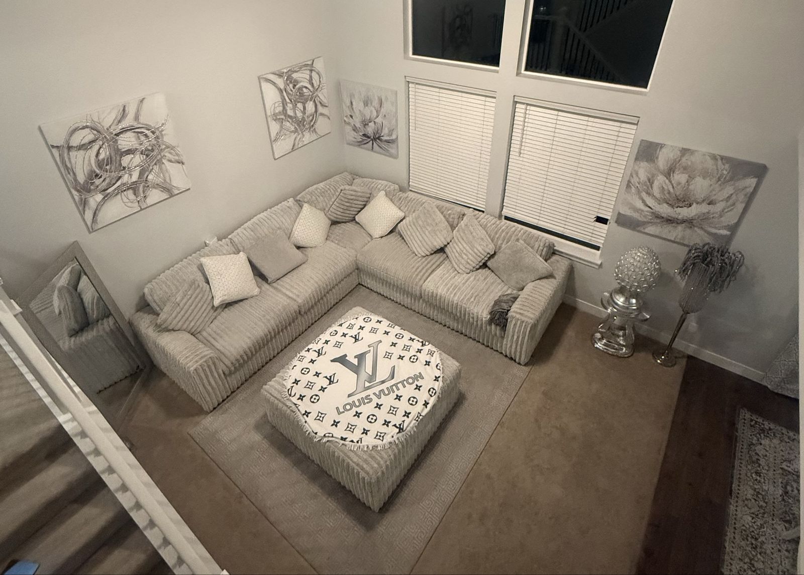 Living room set and dining table beautiful sectional and knickknacks pictures included