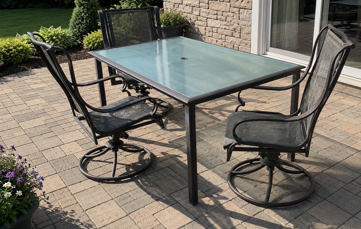 Nice Patio Set W/ Glass Top Table And 3 Swivel Chairs