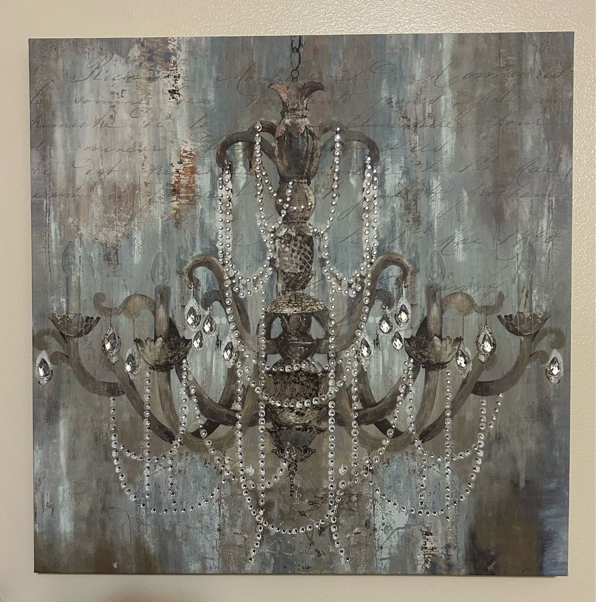 Chandelier Wall Art Canvas with Faux Crystals, Grey/Brown Tones Cash Only