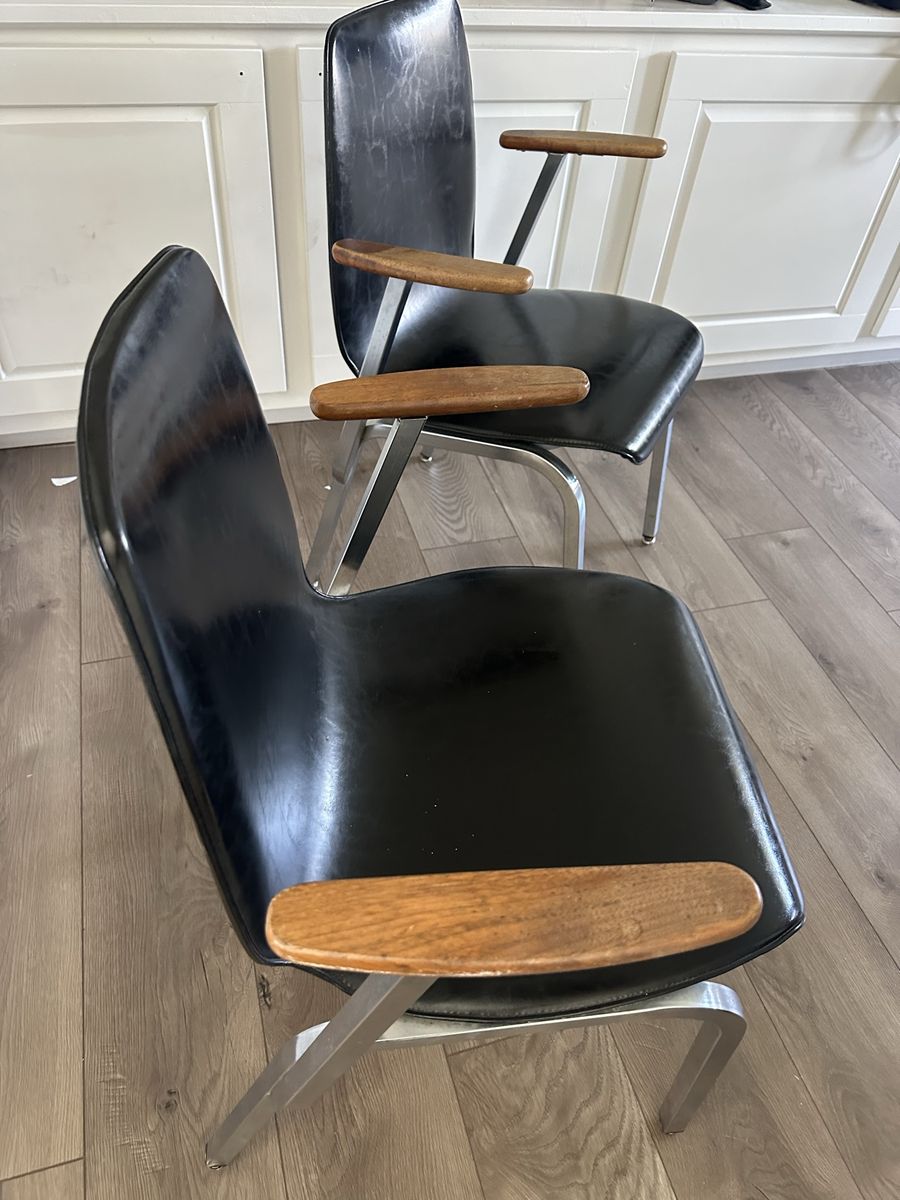 Vintage Mid-Century Modern Black Vinyl Armchairs with Metal Frame (Set of 2)