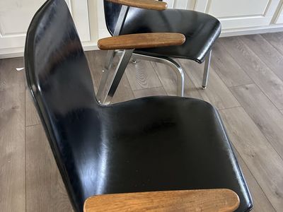 Vintage Mid-Century Modern Black Vinyl Armchairs with Metal Frame (Set of 2)