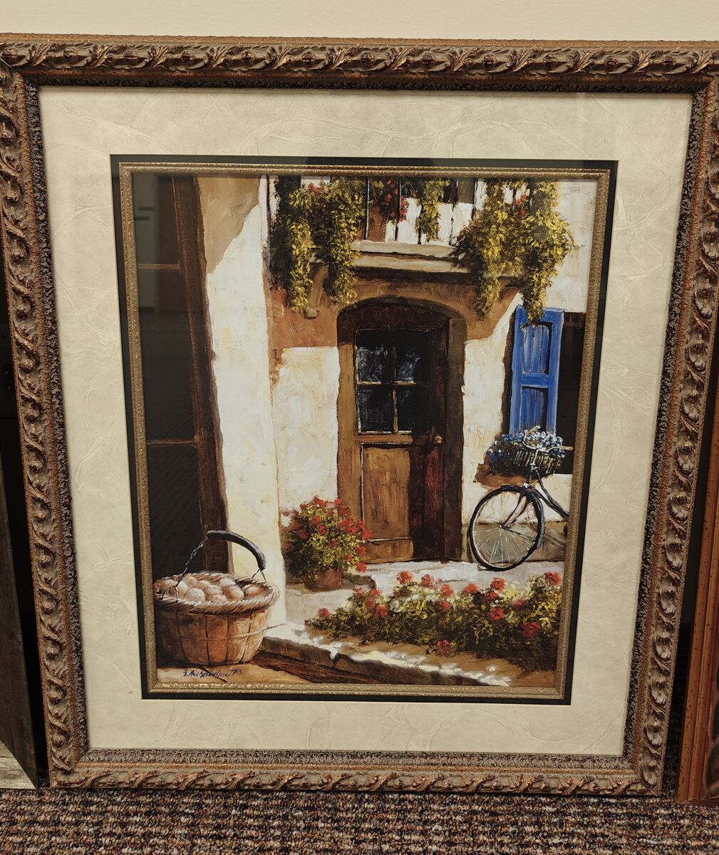 Framed Art work - European Street Scene w/ Bicycle & Flowers