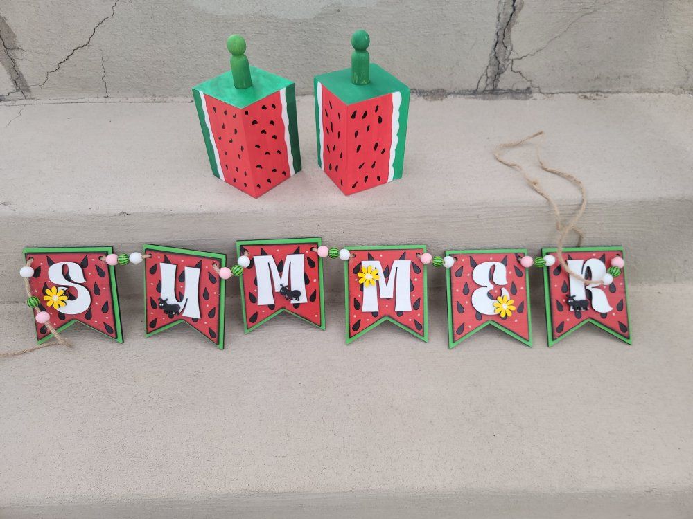 Summer Watermelon Decor Set: Wooden Tiered Tray Blocks & Banner Garland, Red/Green
