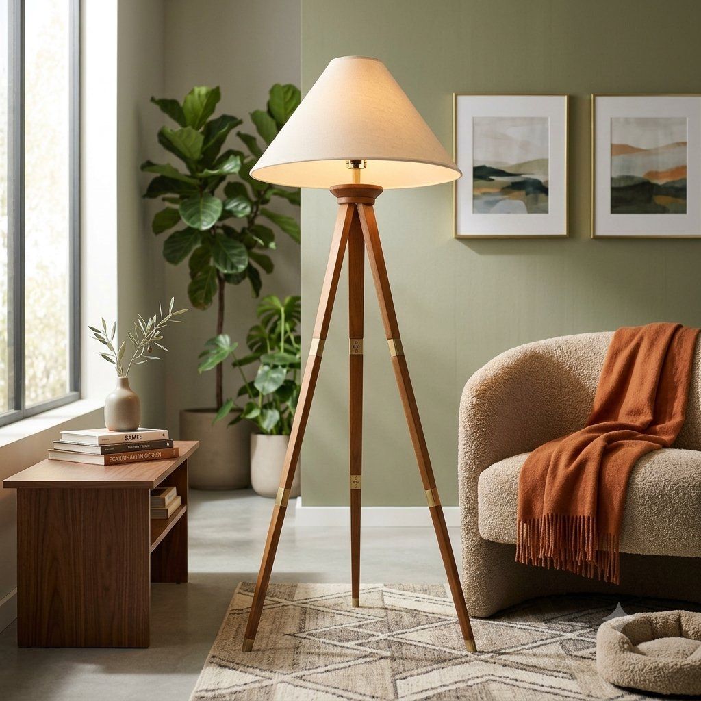Vintage Style Wooden Tripod Floor Lamp