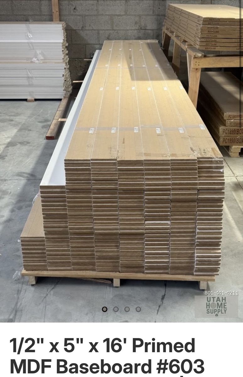 1/2" x 5" x 16' Primed MDF Baseboard #603 Bullnose