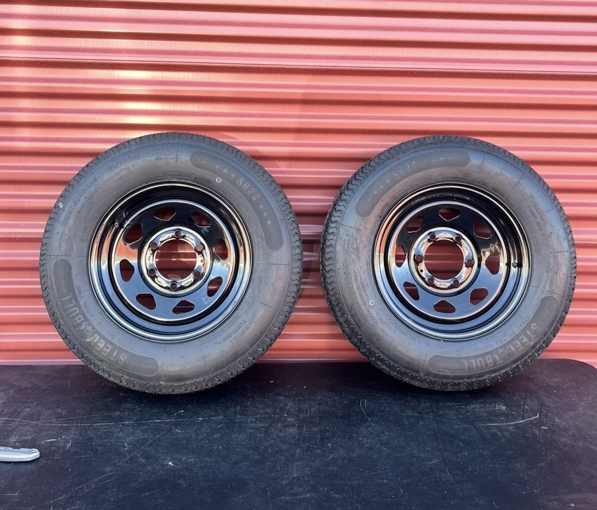 Brand New Set of 2 Steel Bull 10 Ply E ST205/75 R 15 Trailer Tires Mounted on New Black Mod Wheels Standard 6 Lug