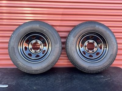 Brand New Set of 2 Steel Bull 10 Ply E ST205/75 R 15 Trailer Tires Mounted on New Black Mod Wheels Standard 6 Lug