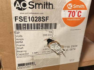 A.O. Smith FSE1028SF HeatMaster 1/4 HP 208-230V Motor - New in Box, 70°C Rated