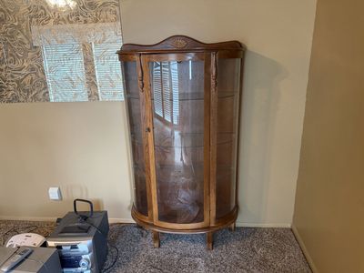 Vintage Oak Curved Glass Curio Cabinet Display Case with Glass Shelves
