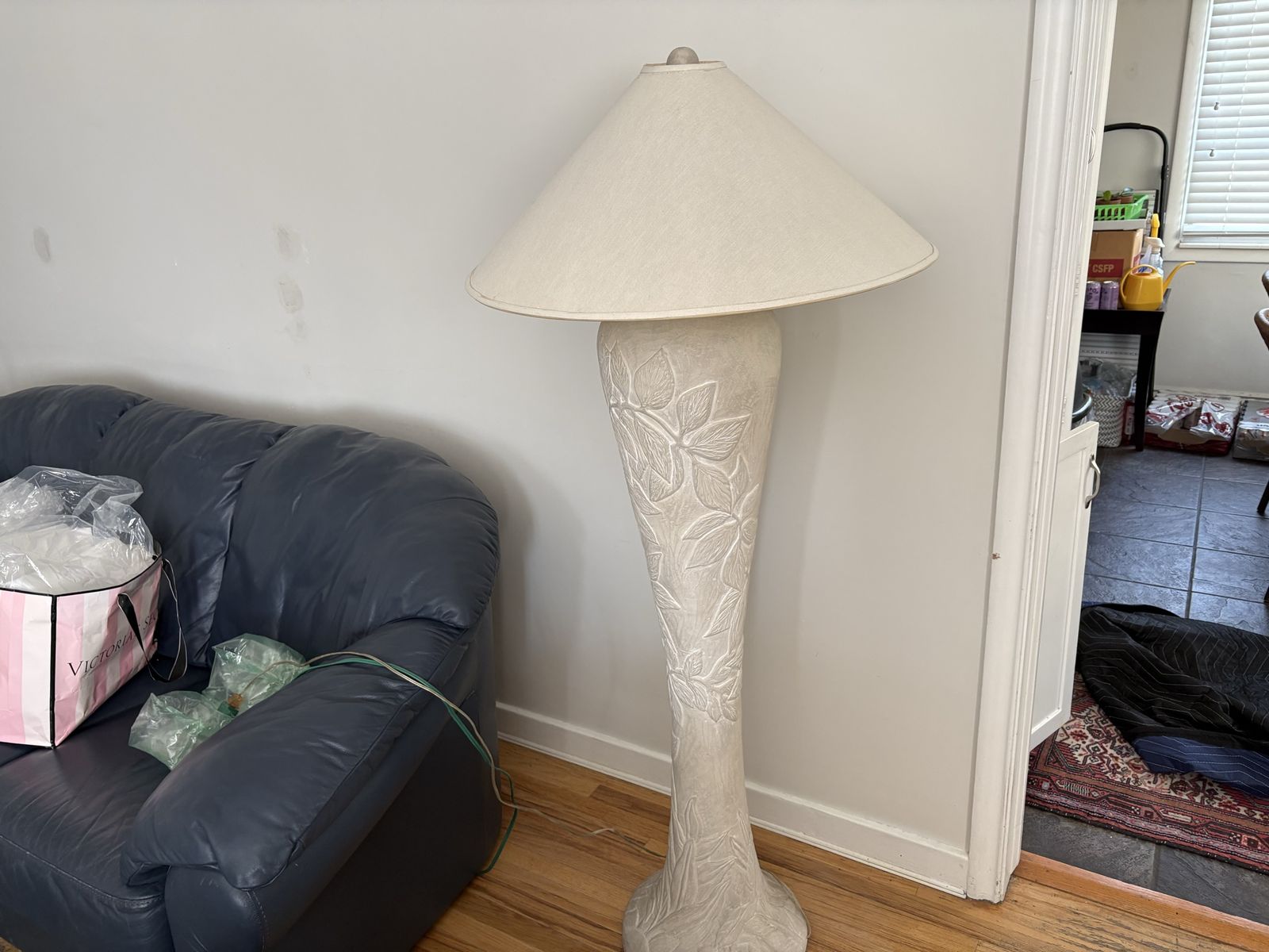 Vintage Tall Heavy Plaster Floor Lamp w/ Raised Leaves