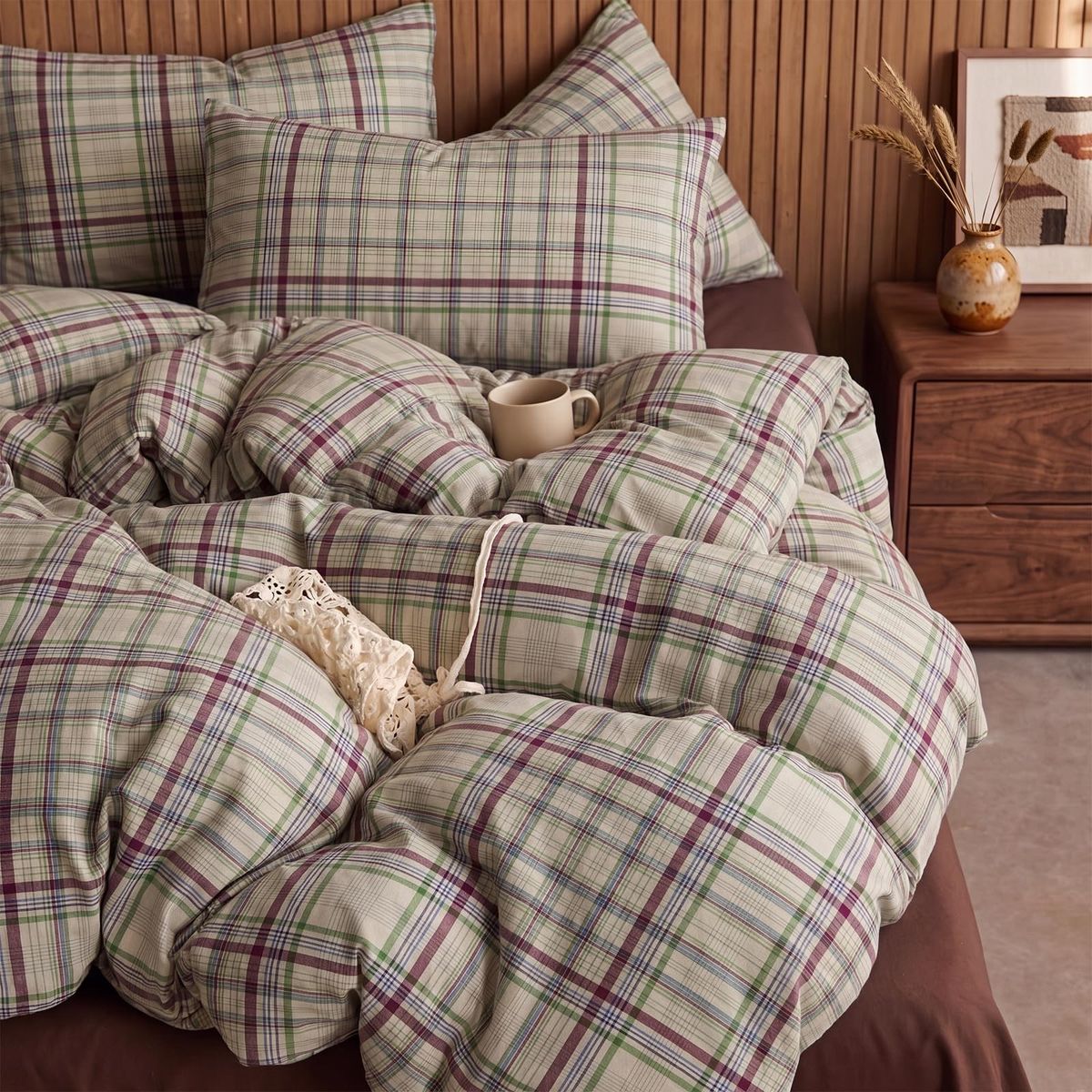 New! Cozaline 100% Cotton Plaid Duvet Cover Set King Size – Green & Red Cottage Grid Bedding Set with Zipper Closure, 3 Pcs 