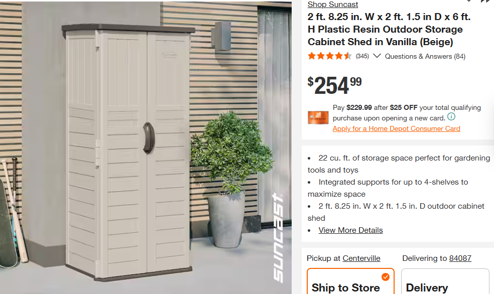 New Suncast 2 ft. 8.25 in. W x 2 ft. 1.5 in D x 6 ft. H Plastic Resin Outdoor Storage Cabinet Shed in Vanilla (Beige)