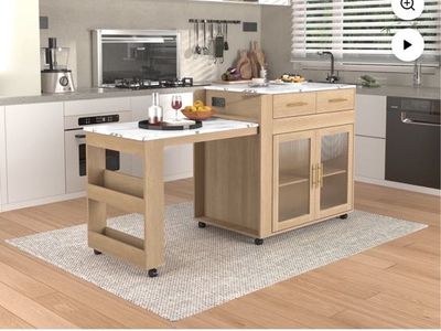 Kitchen Island with Storage | Expandable Retractable on Wheels 71.65" L | Space-Saving of Island Cart, Beige
