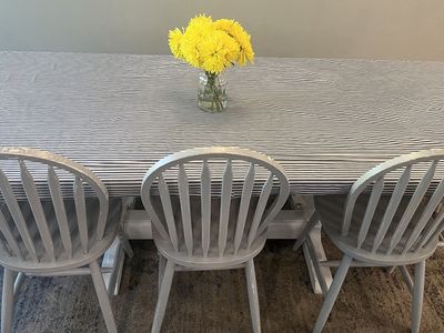 Distressed Dining Room Table, Chairs & Bench
