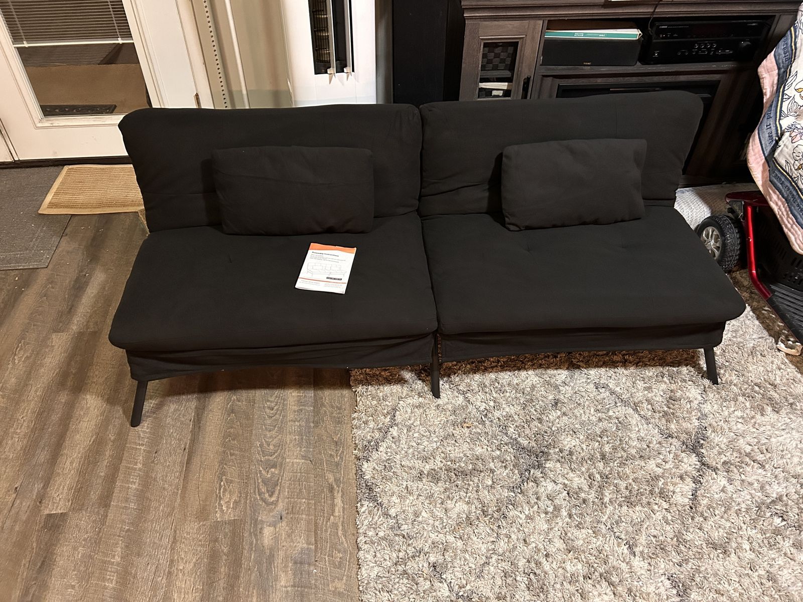 Modern Black Convertible Futon Sofa Bed with Metal Legs and Pillows