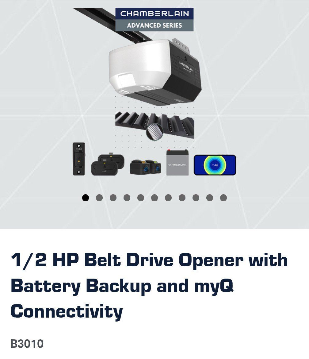 Chamberlain B3010 1/2 HP Ultra Quiet Belt Drive Garage Door Opener w/ Battery Backup & myQ