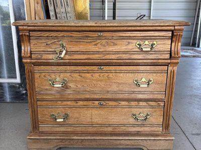 Vintage Oak Wood 3-Drawer Dresser with Brass Hardware - Rustic Storage Chest