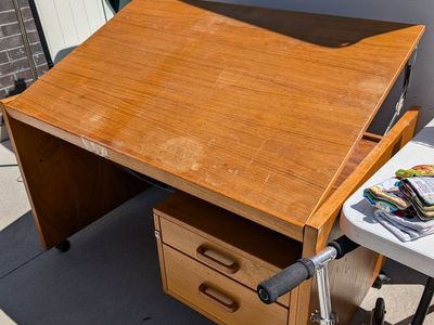 Vintage Wood Drafting Table Desk with Adjustable Top and Two Drawers on Wheels