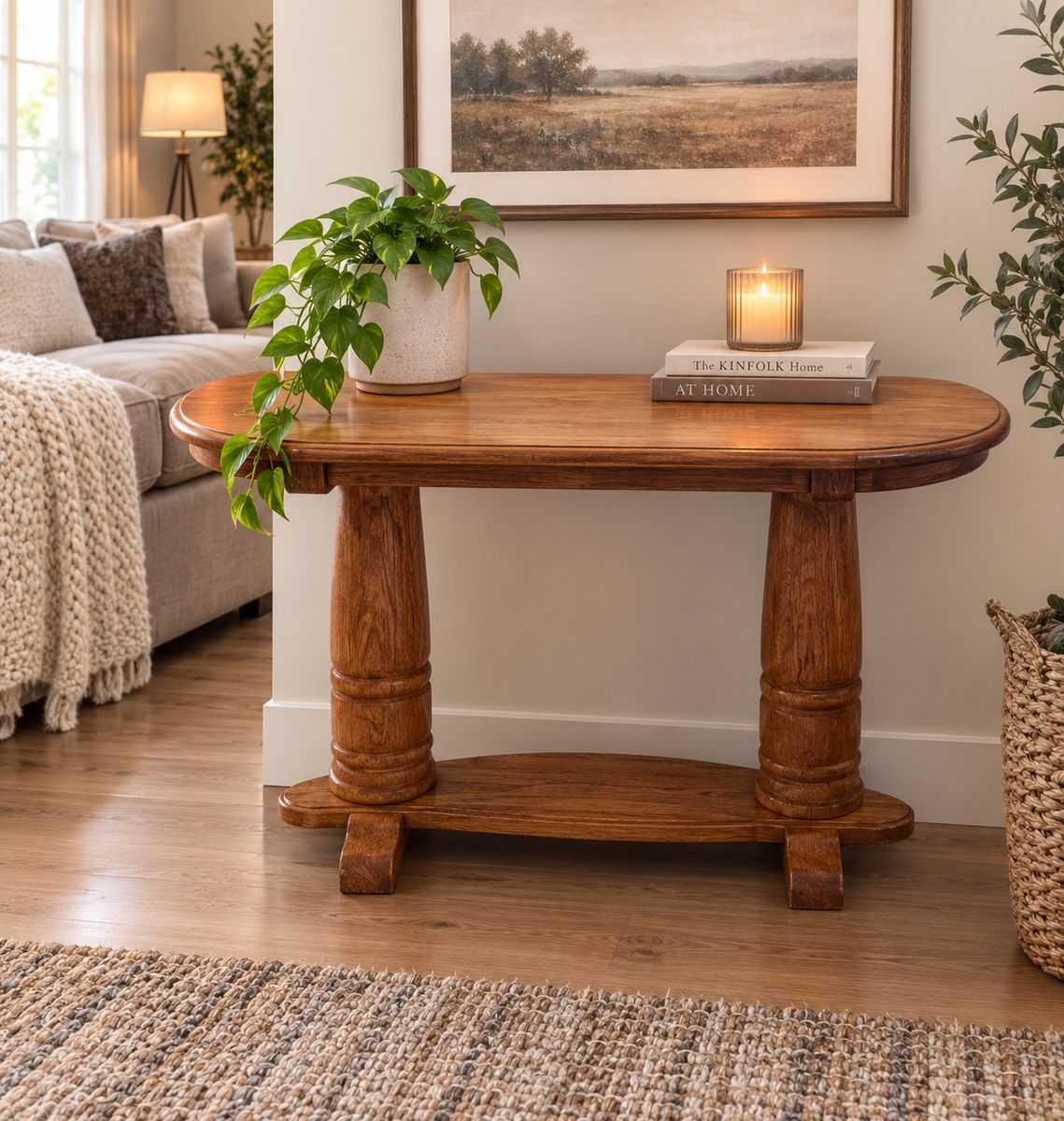 Vintage Solid Wood Oval Console Sofa Table with Baluster Legs
