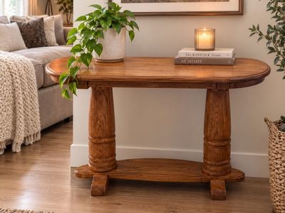 Vintage Solid Wood Oval Console Sofa Table with Baluster Legs