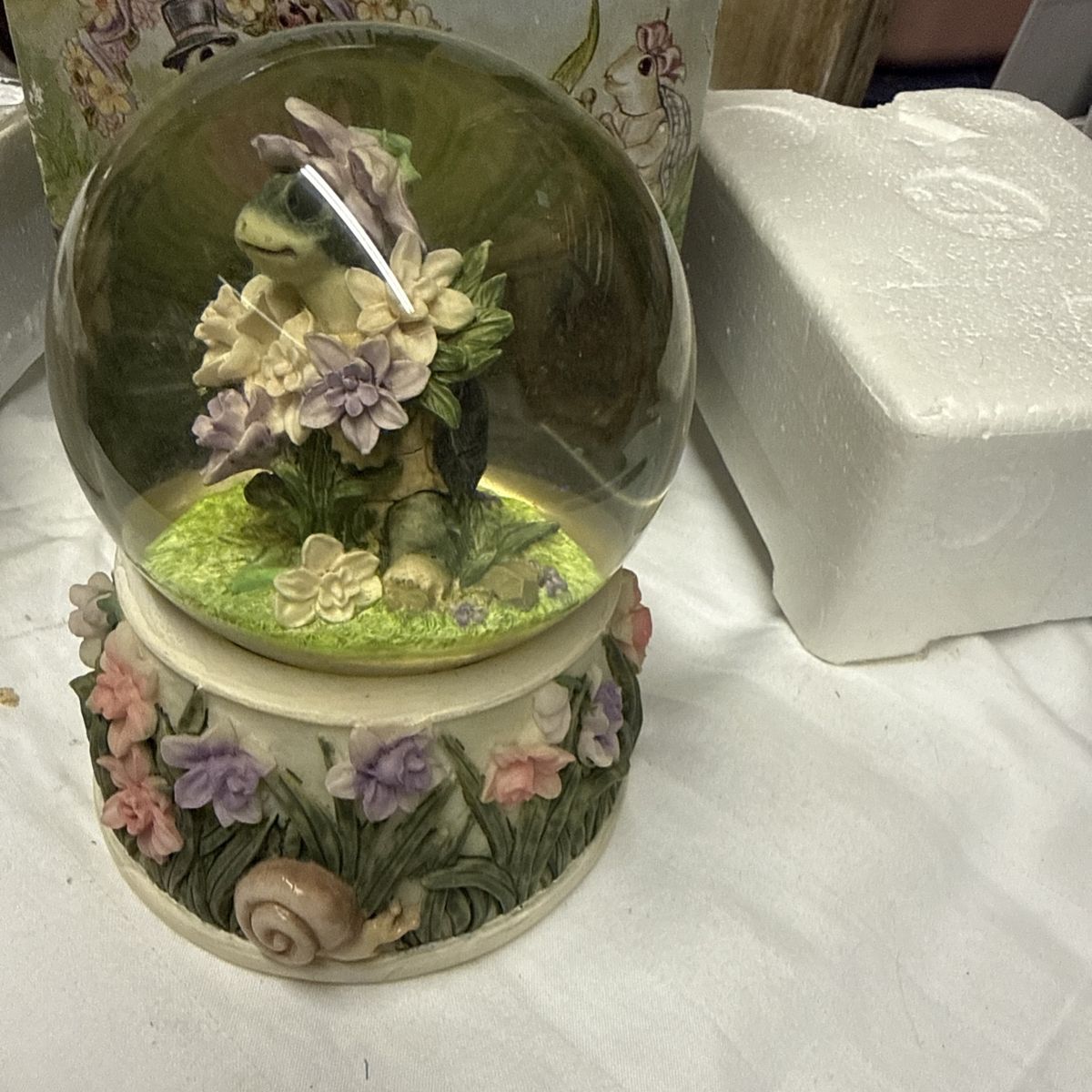Collectible Floral Turtle Snow Globe with Snail Detail and Original Box