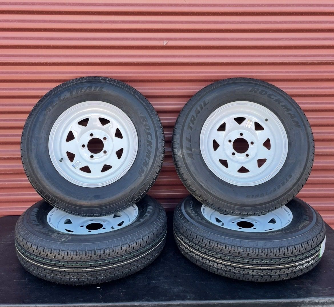 New Set of 4 Rockman ST 205/75 R 15 Trailer Tires Mounted on New White Spoke Wheels 5 on 4.5