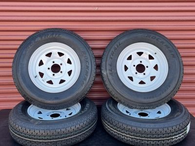 New Set of 4 Rockman ST 205/75 R 15 Trailer Tires Mounted on New White Spoke Wheels 5 on 4.5