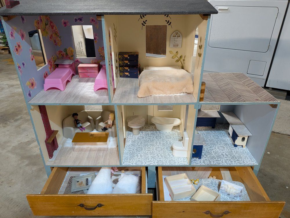 Large Handmade Wooden Dollhouse with Furniture and Storage Drawers - Unique & Detailed Play House