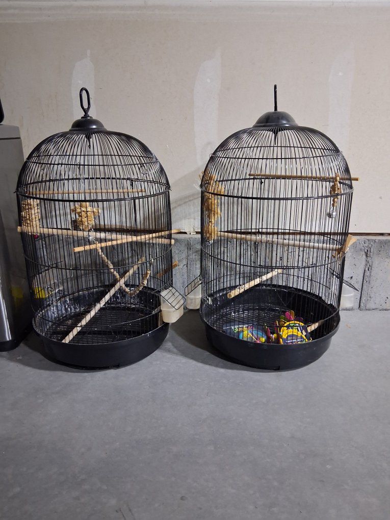 Pair of Used Black Bird Cages with Perches & Feeders - Good Condition
