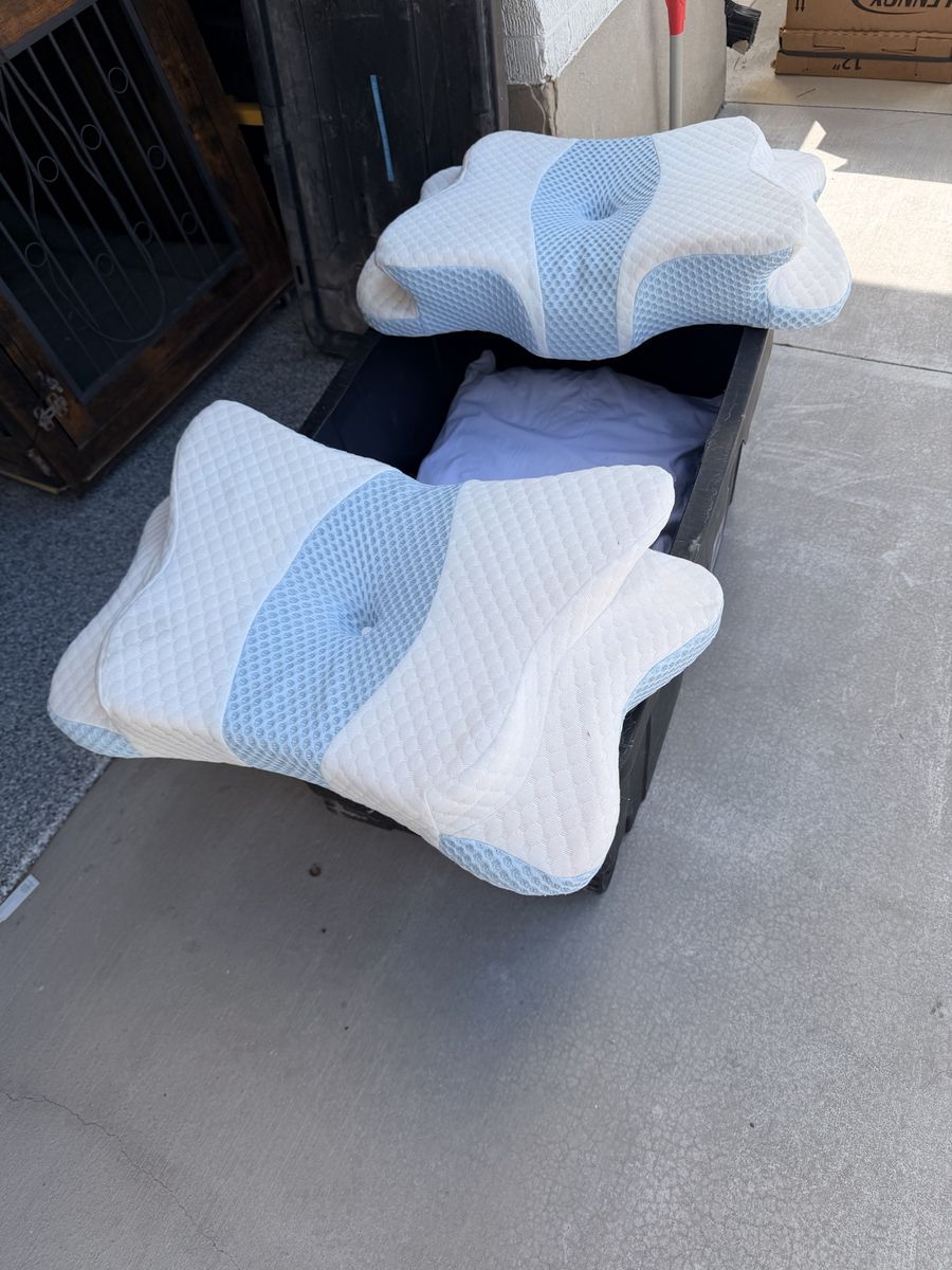 2 Ergonomic Memory Foam Neck Pillows - Blue/White, Orthopedic Support