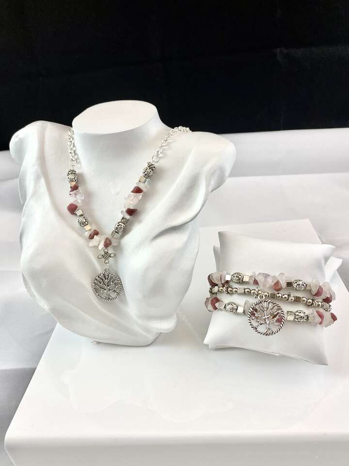 NEW! Long Gemstone and Tree of Life Necklace Plus Matching Three String Bracelet - See Photos