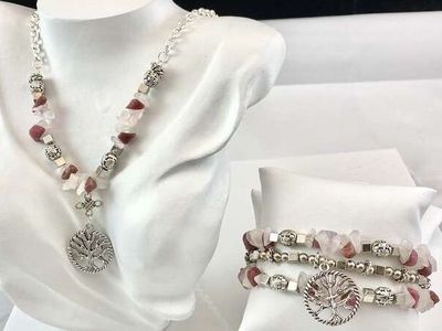 NEW! Long Gemstone and Tree of Life Necklace Plus Matching Three String Bracelet - See Photos