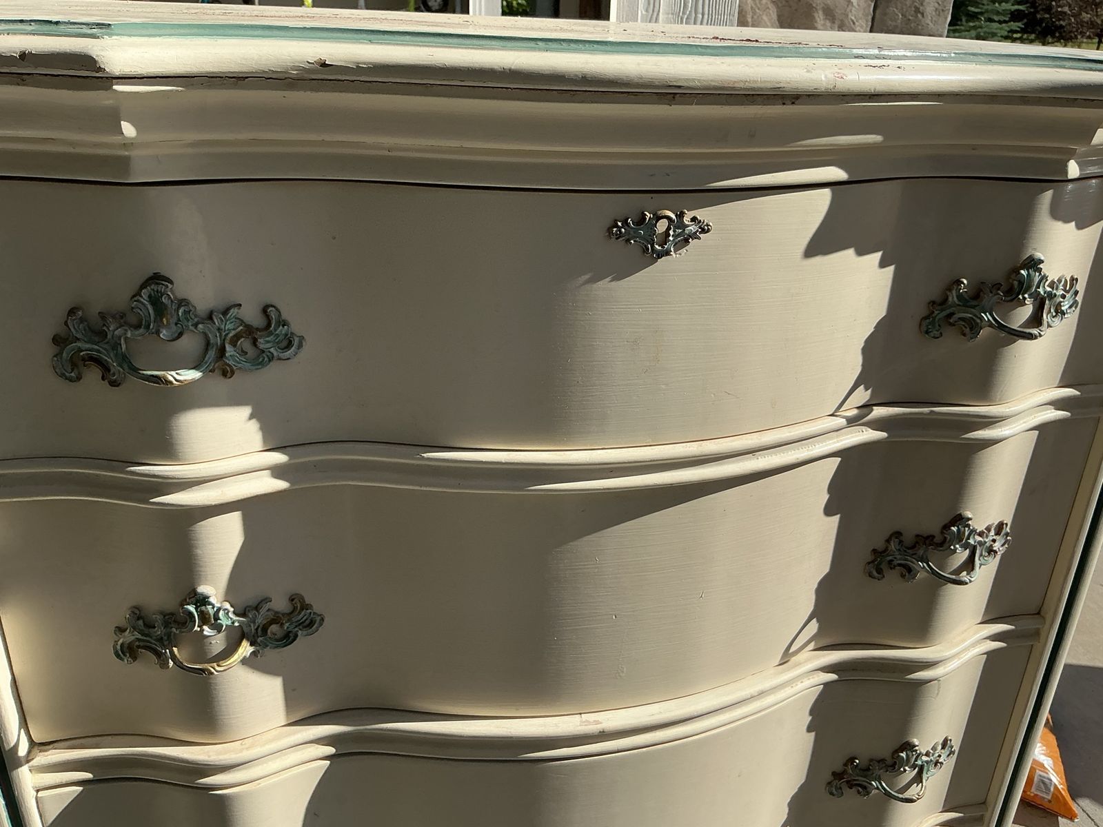 Vintage French Provincial Style Tall Dresser Cream with Green Trim 5 Drawers