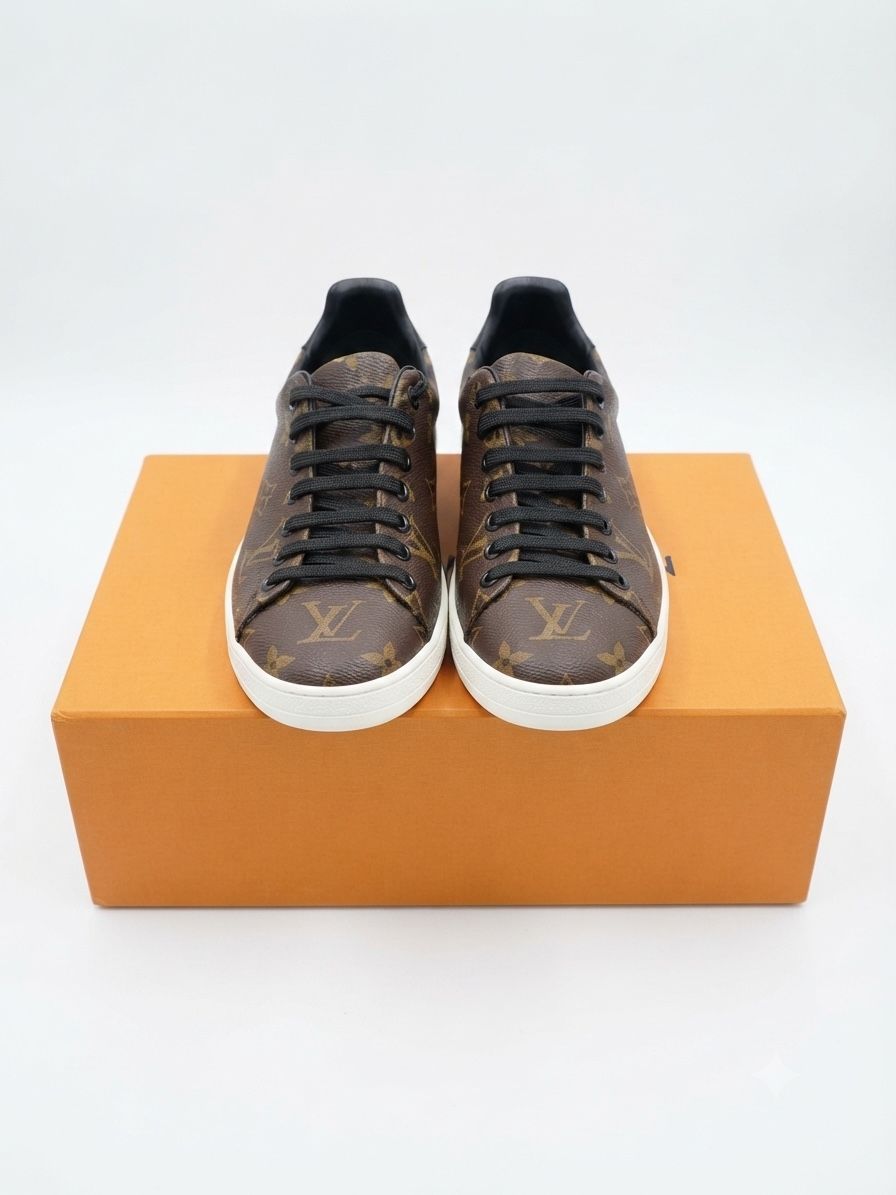 Authentic Louis Vuitton Monogram Brown Leather Low Top Sneakers Size 7