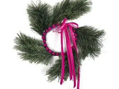Handmade Modern Holiday Wreath Pink Velvet Ribbon Silk Wrapped Beads Pine Decor