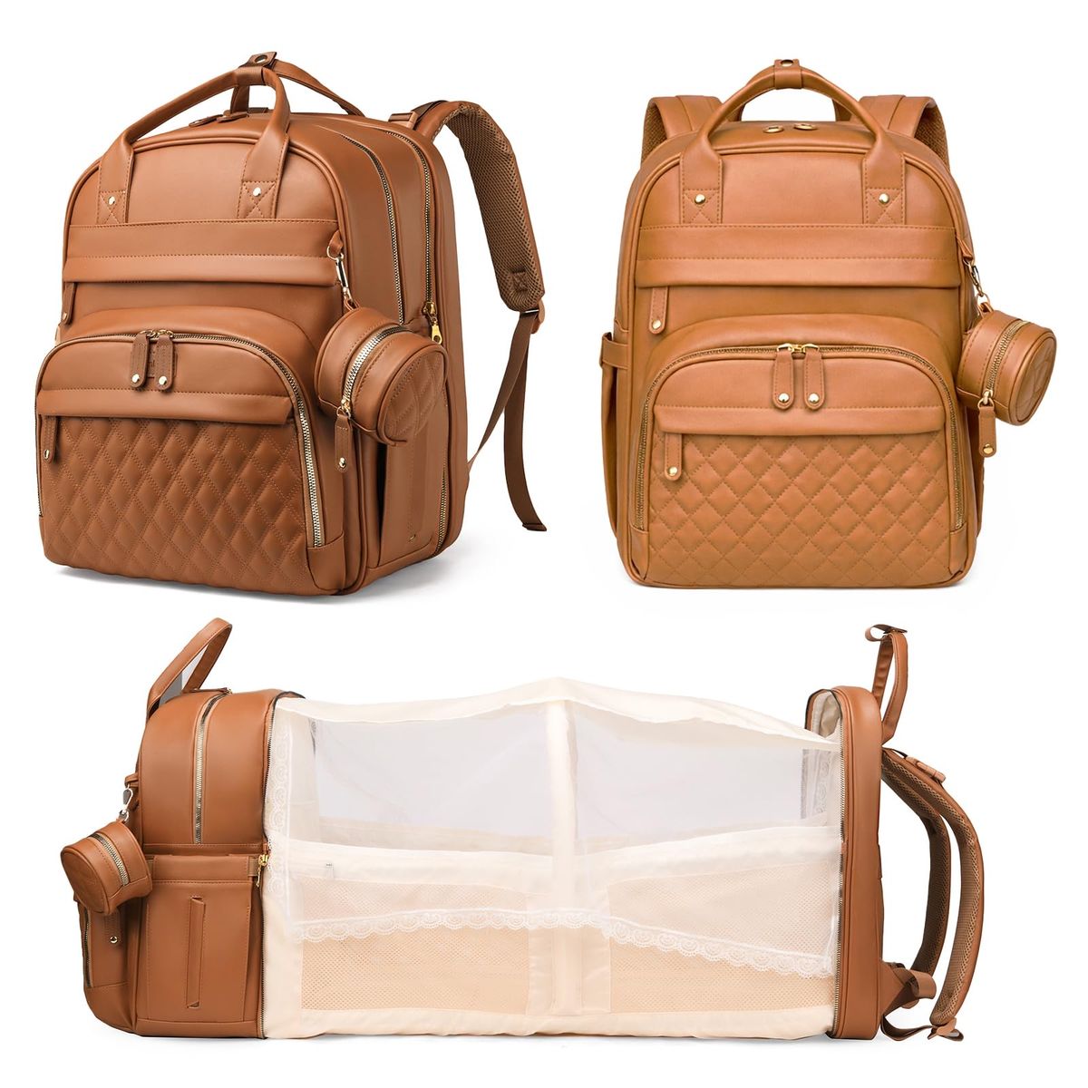 Brand new Brown PU Leather Diaper Bag Backpack with Foldable Changing Station