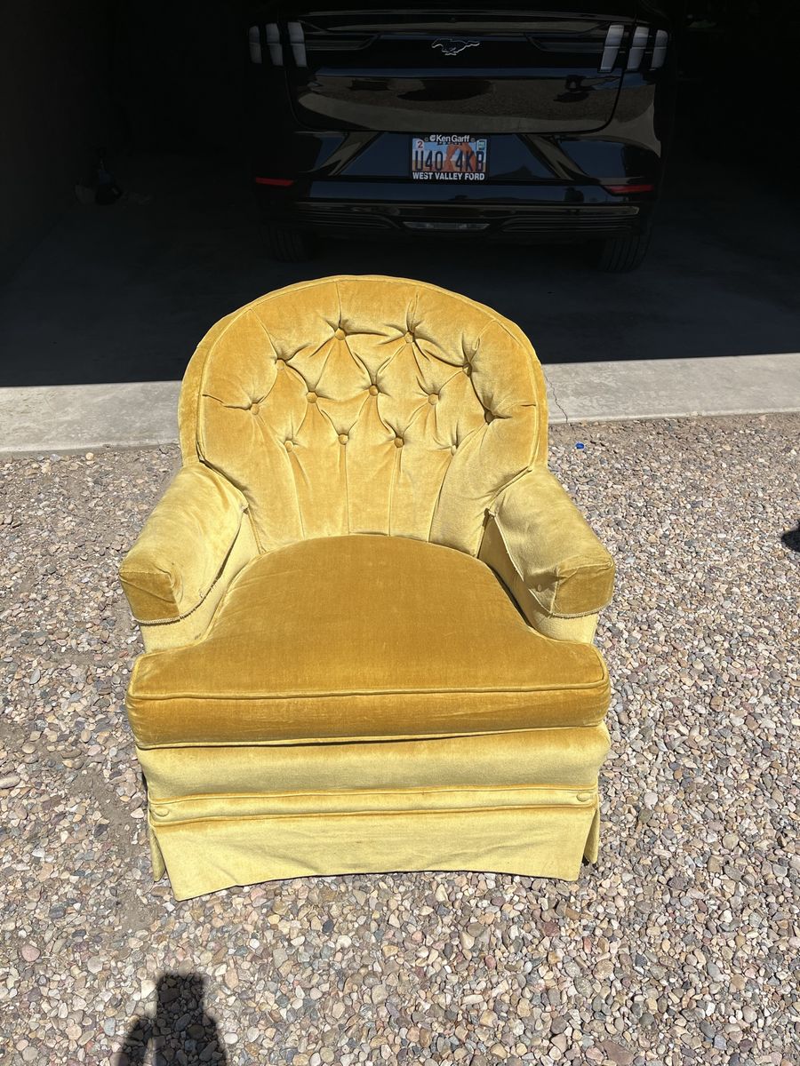 Vintage Yellow Velvet Tufted Armchair with Skirt
