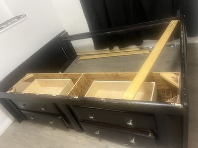 Black Wooden Storage Bed Frame with Built-in Drawers and Headboard Shelf