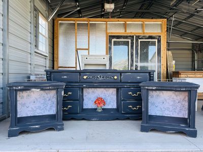 Vintage Black Distressed Vanity Desk with Two Side Tables and Floral Accents