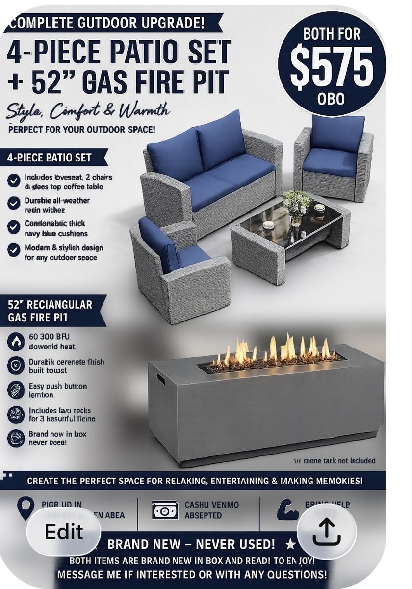 4-Piece All-Weather Resin Wicker Patio Set with Navy Cushions & 52" Gas Fire Pit