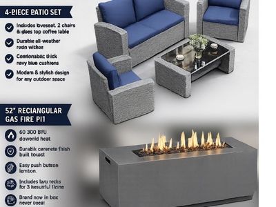4-Piece All-Weather Resin Wicker Patio Set with Navy Cushions & 52" Gas Fire Pit