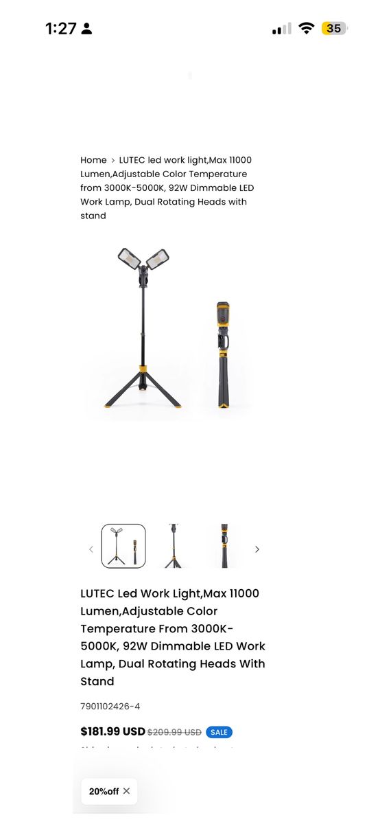 LUTEC 11000 Lumen 92W Dimmable LED Work Light with Dual Rotating Heads & Tripod Stand