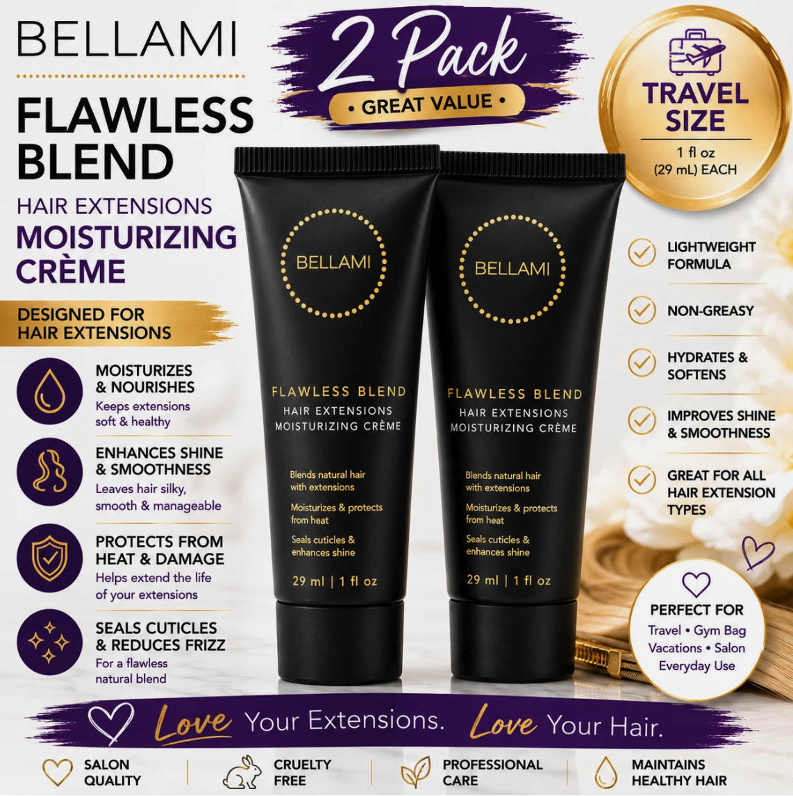 Bellami Flawless Blend Hair Extensions Moisturizing Crème 1oz Travel 2-Pack