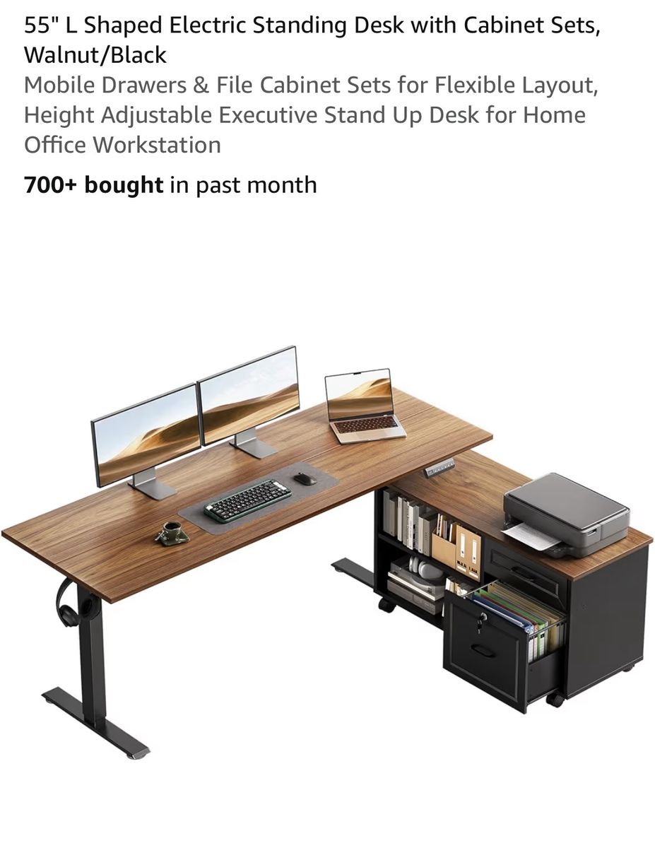 Brand New 55" L Shaped Electric Standing Desk with Cabinet Sets, Walnut/Black  fully assembled 